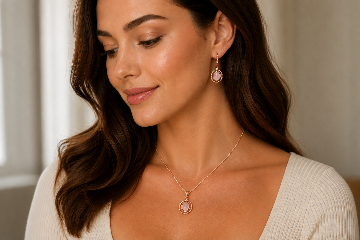 14K Rose Gold over Sterling Silver Genuine Rose Quartz Pendant & Earrings