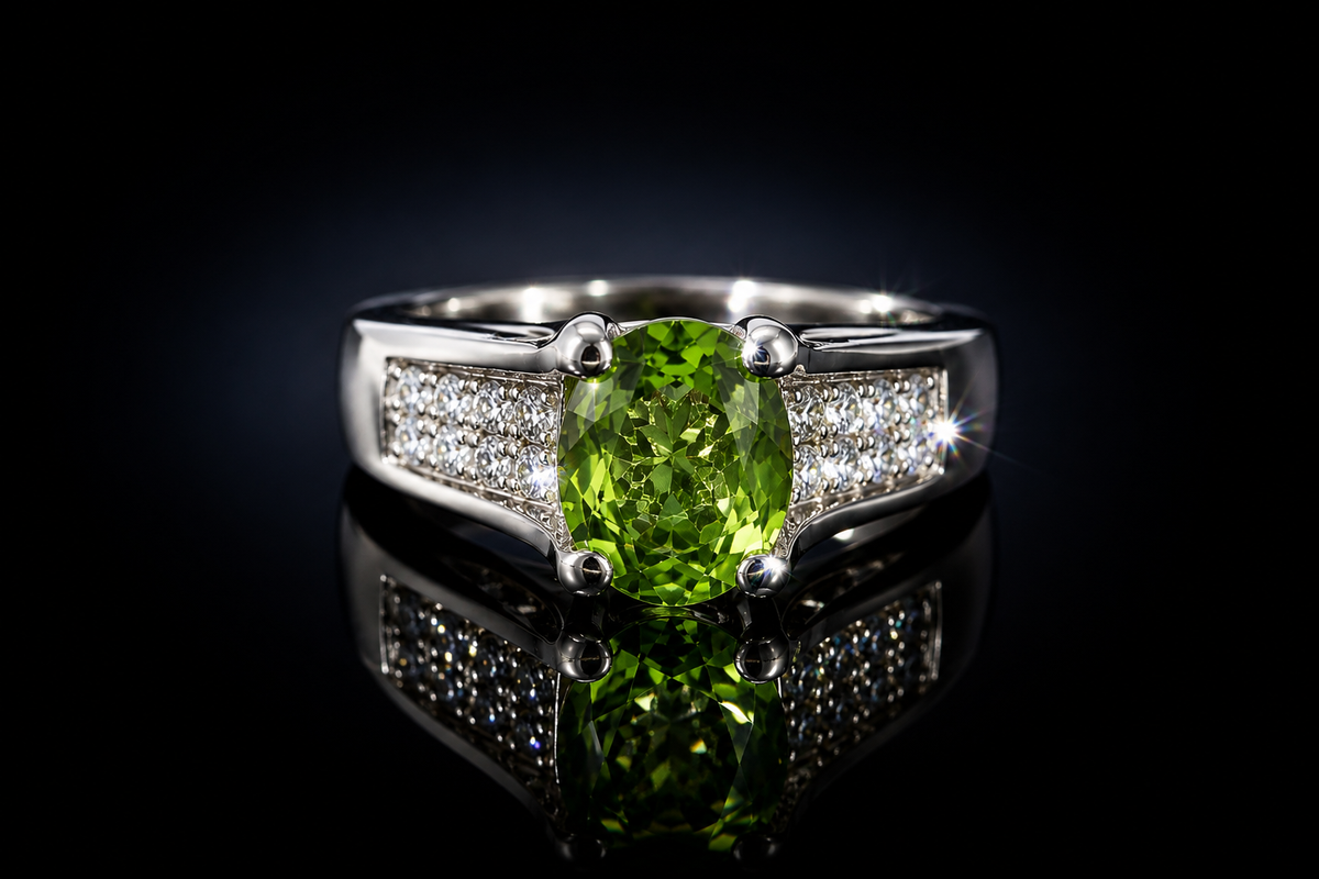 14K White Gold 3.25 ctw Genuine Peridot and Diamond Ring