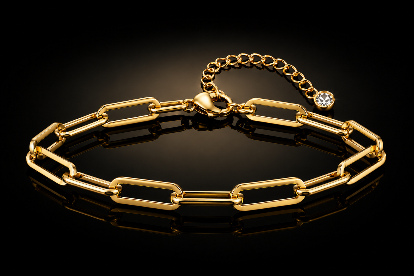 18kt Gold over Titanium Steel Crystal-Accented Bracelet Paper Clip & Beaded Chain