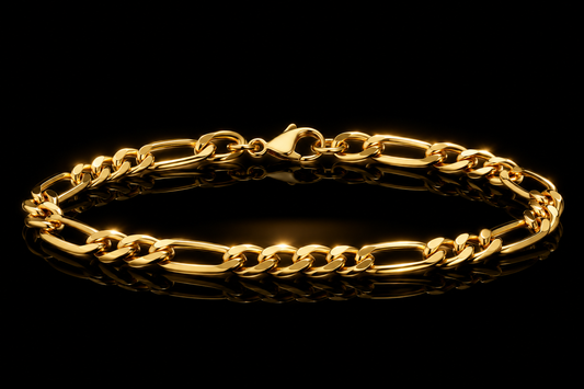 14kt/Rhodium Over Stainless Steel  8 mm  Figaro Chain  8.5 Inch  Bracelet