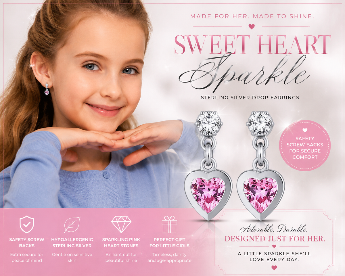 925 Sterling Silver Dangling Pink Heart Screw Back Earrings