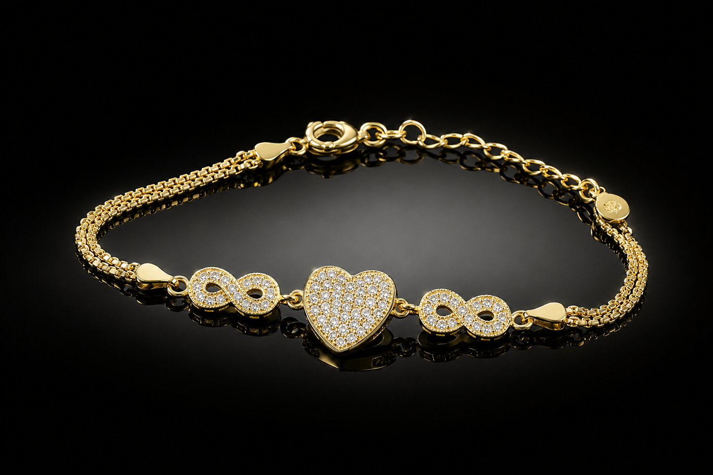 14K Yellow Gold over Sterling Silver LG White Sapphire Heart & Infinity Bracelet