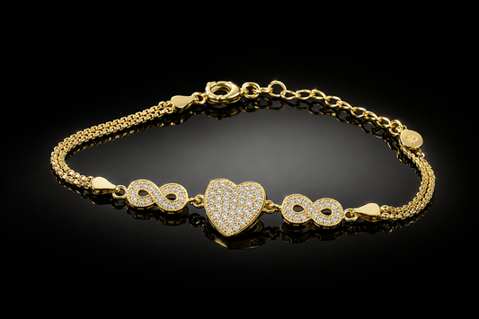 14K Yellow Gold over Sterling Silver LG White Sapphire Heart & Infinity Bracelet