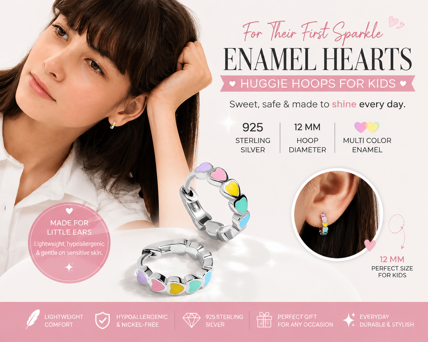 925 Sterling Silver 12mm Multi-Color Enamel Heart Huggie Hoops for Kids