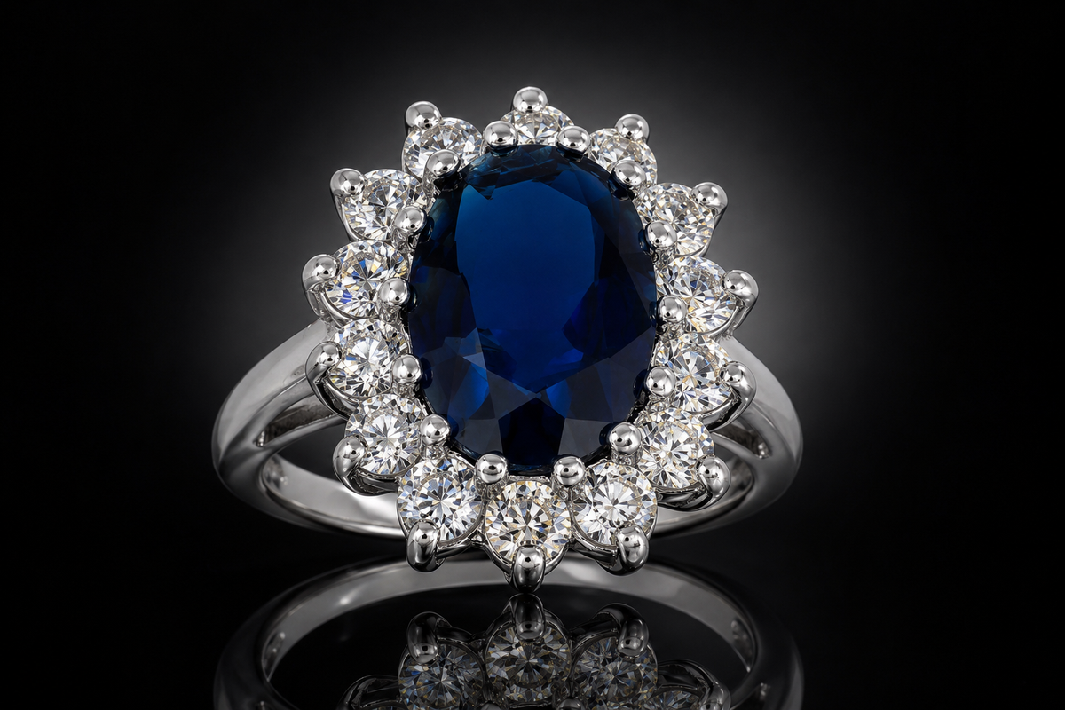 925 Triple Rhodium Finished Sterling Silver LG Blue & White Sapphire Ring