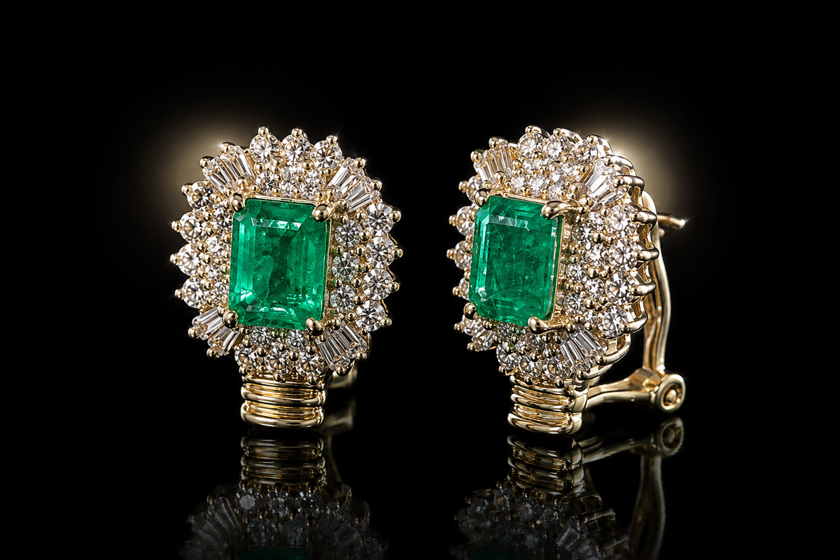14 kt. Yellow Gold Vintage Circa 1970 Genuine Emerald & Diamond Earrings