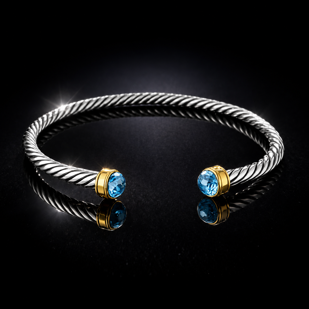 18kt Gold & Sterling Silver Genuine Blue Topaz Cable Cuff Bracelet