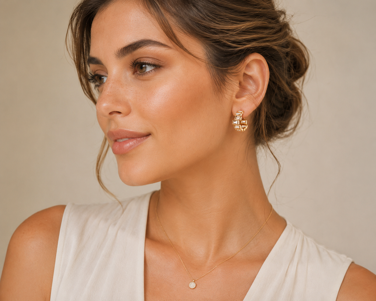 14K Yellow Gold Finished Stainless Steel Zig Zag Baguette Hoop Earrings, 21mm