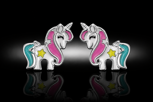 925 Rhodium & Enamel Unicorn Stud Earrings for Kids (Ages 4-15)