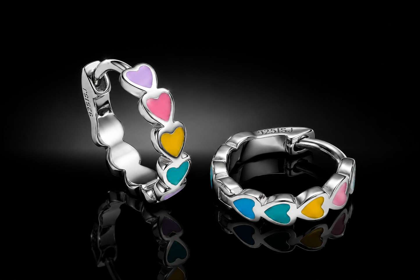 925 Sterling Silver 12mm Multi-Color Enamel Heart Huggie Hoops for Kids