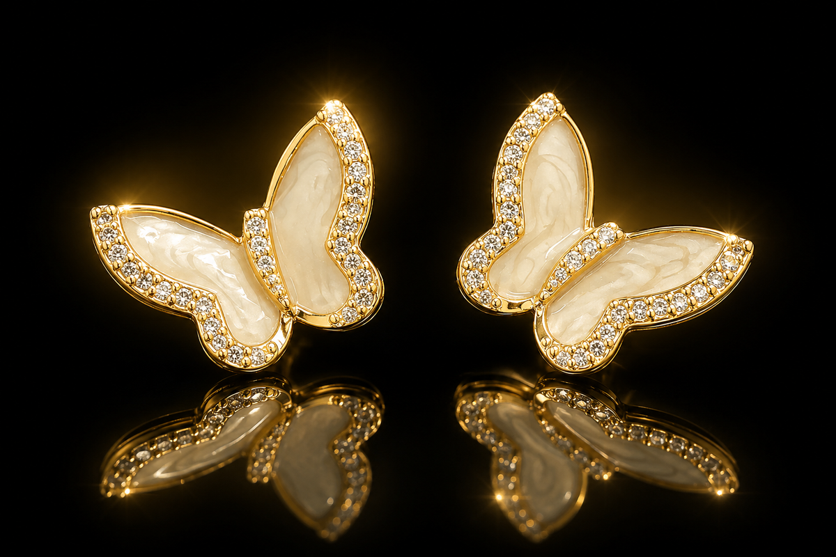 14kt.  Yellow Gold PVD Mother of Pearl Butterfly Studs  1450 - Multi Color 1451 - White Sapphire