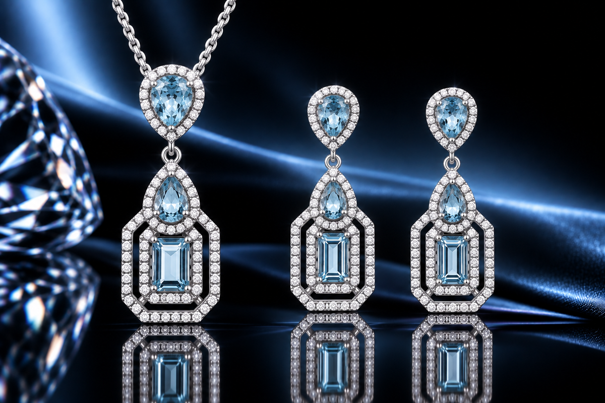 925 Fine Italian Sterling Silver 7.65 ctw Sky Blue & White Topaz Pendant & Earring Set by Bellisima