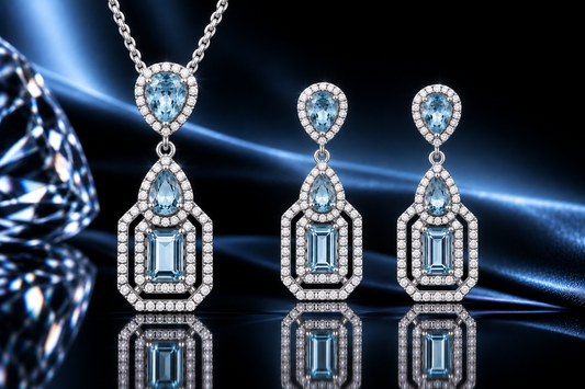 925 Fine Italian Sterling Silver 7.65 ctw Sky Blue & White Topaz Pendant & Earring Set by Bellisima