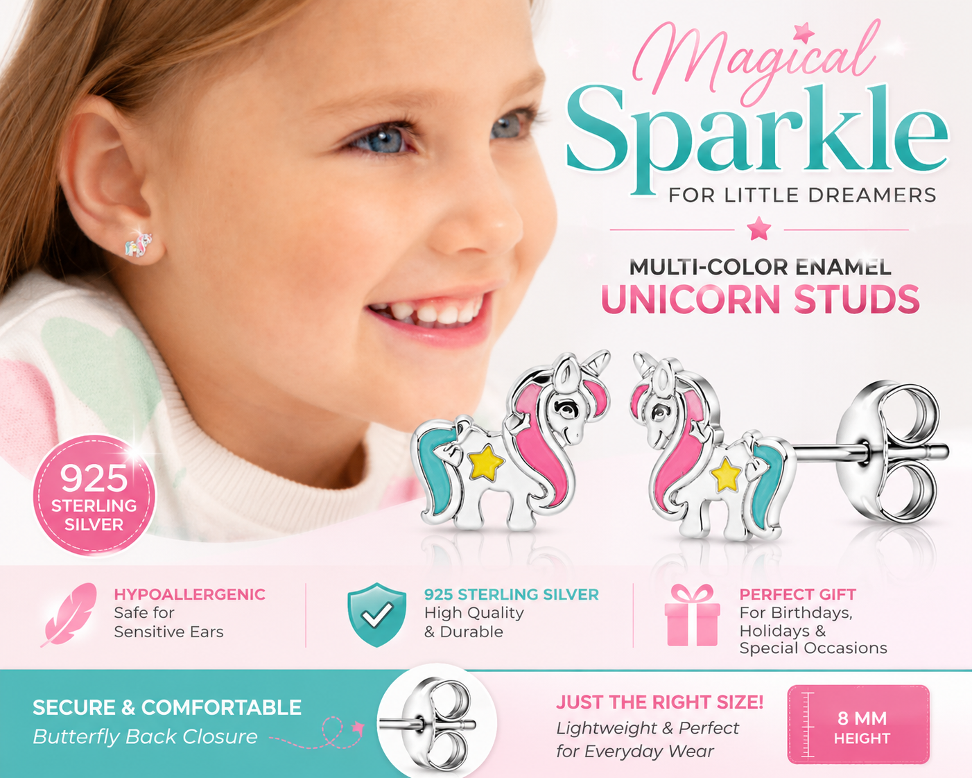925 Rhodium & Enamel Unicorn Stud Earrings for Kids (Ages 4-15)