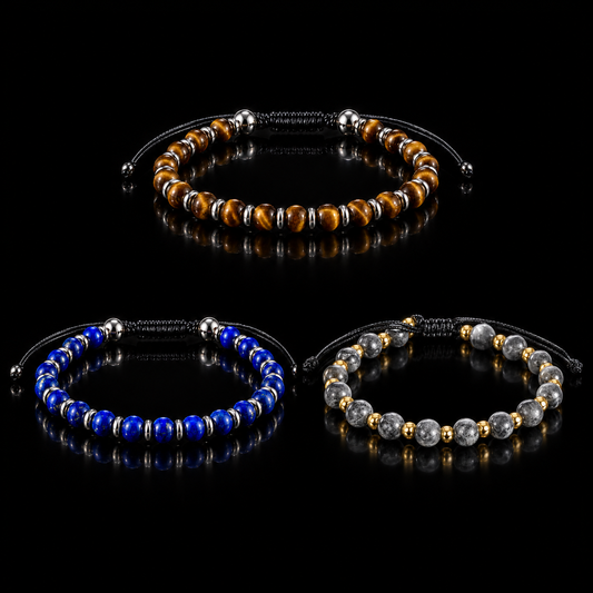 8mm Genuine Gemstone 316L Stainless Steel Bead Bolo Bracelets - Lapis, Tiger's Eye & Picasso Jasper