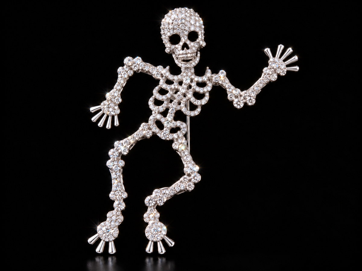 Pave Crystal Dancing Skeleton Brooch, 90x70mm