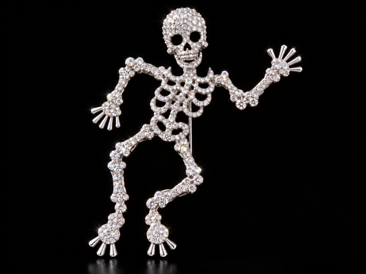 Pave Crystal Dancing Skeleton Brooch, 90x70mm