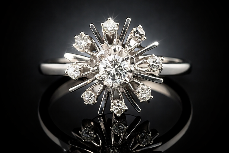 14K White Gold Vintage Diamond Starburst Cluster Ring