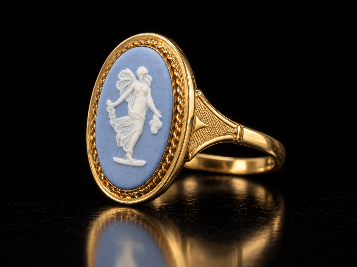 Vintage 14kt Yellow Gold Wedgwood Blue Jasperware Dancing Hours Floral Girl Cameo Ring, Circa 1973