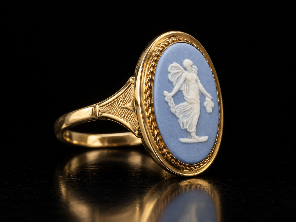 Vintage 14kt Yellow Gold Wedgwood Blue Jasperware Dancing Hours Floral Girl Cameo Ring, Circa 1973