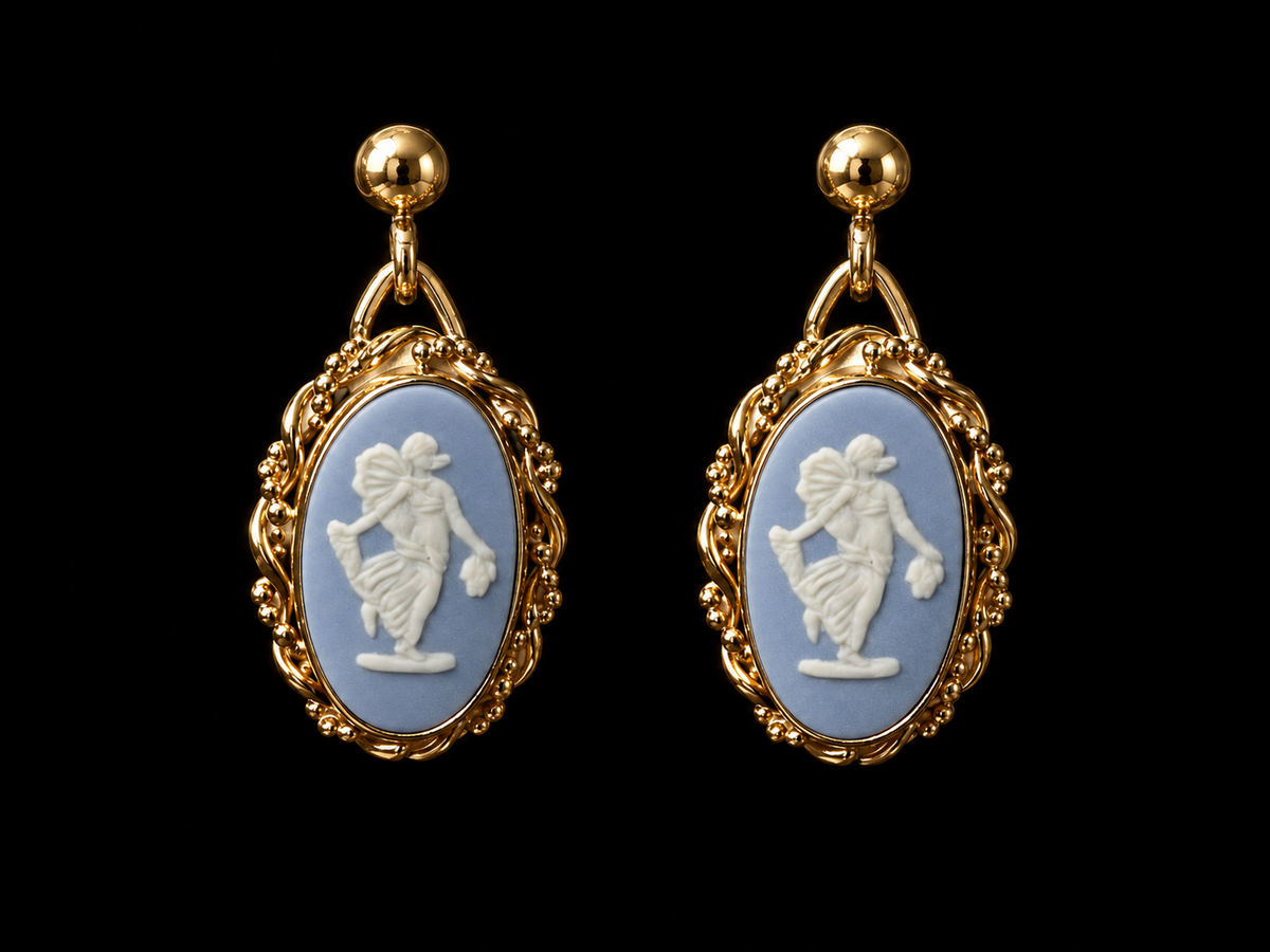 Vintage 14kt Yellow Gold Wedgwood Blue Jasperware Dancing Hours Floral Girl Cameo Ring, Circa 1973
