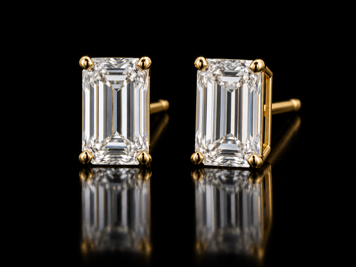 14kt Yellow Gold 2 CTW (VS1-F) Emerald Cut Lab Diamond Stud Earrings