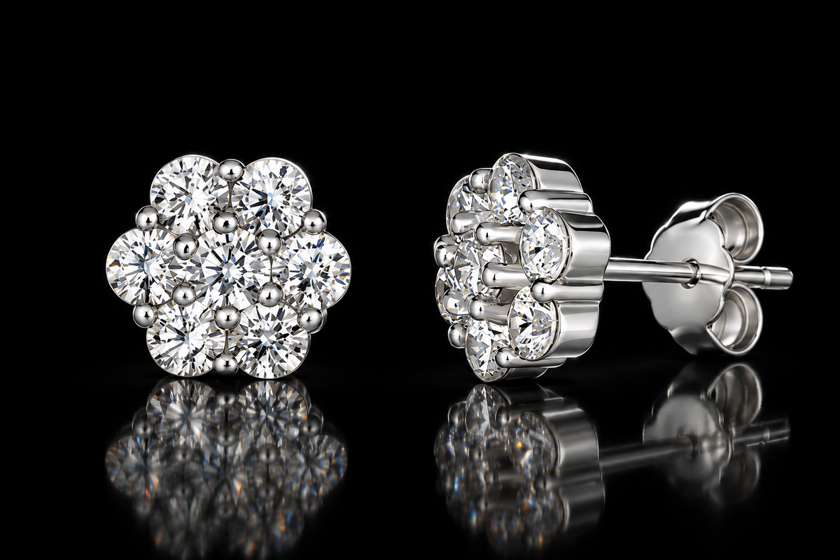 950 Platinum Finished Petite Fleur 7 Diamond Crystalline Stud Earrings by Anna Zuckerman