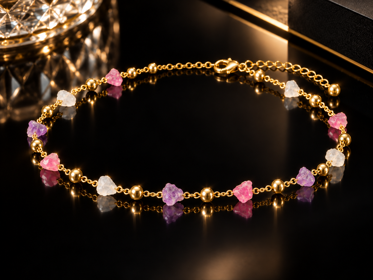 Amethyst, Pink & White Topaz Stainless Steel Station Anklet - Gold or Silver Tone