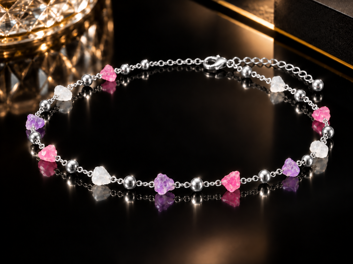 Amethyst, Pink & White Topaz Stainless Steel Station Anklet - Gold or Silver Tone