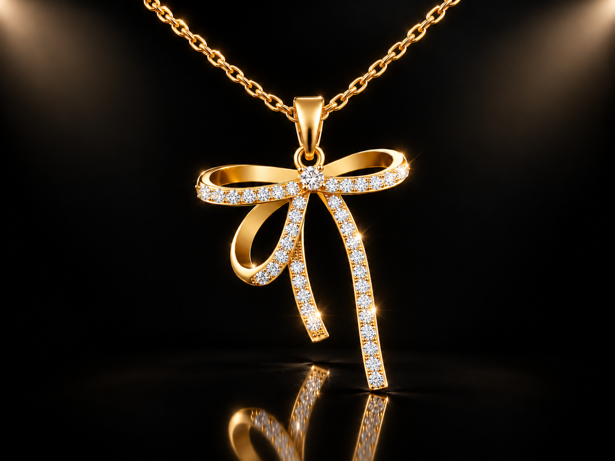 14kt Yellow Gold Finished Stainless Steel CZ Accented Bow Pendant & Chain