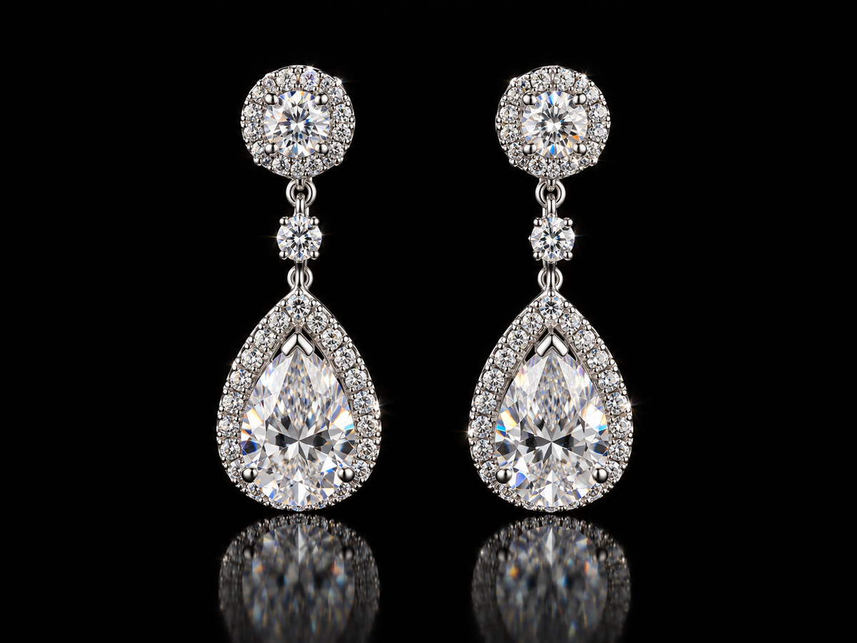 Triple Rhodium Finished Pear Shape Statement Drop Earrings