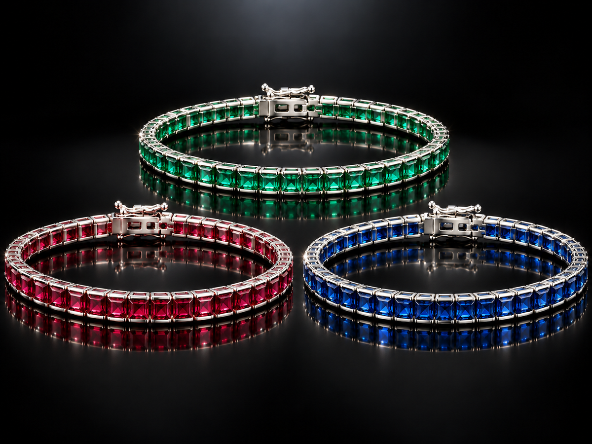 925 Triple Rhodium 6.75 CTW Lab Gemstone Channel Set Bracelets - Ruby, Sapphire & Emerald