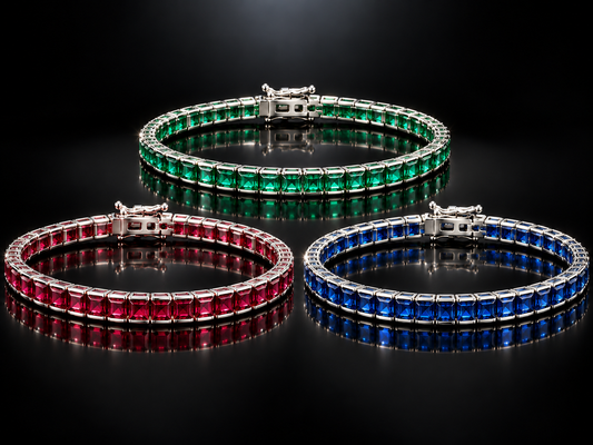 925 Triple Rhodium 6.75 CTW Lab Gemstone Channel Set Bracelets - Ruby, Sapphire & Emerald