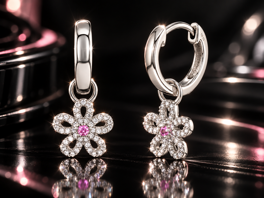 925 Rhodium Sterling Silver Pink & White Crystal Dangling Flower Earrings