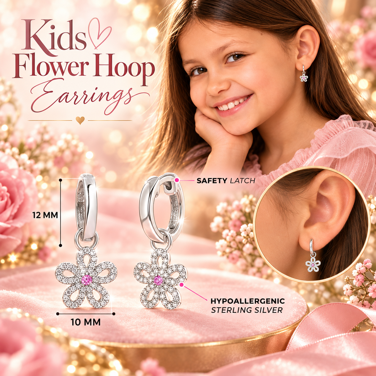 925 Rhodium Sterling Silver Pink & White Crystal Dangling Flower Earrings