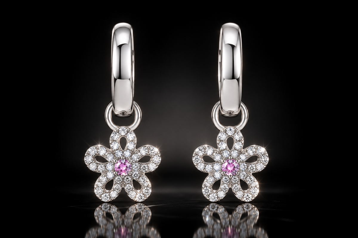 925 Rhodium Sterling Silver Pink & White Crystal Dangling Flower Earrings