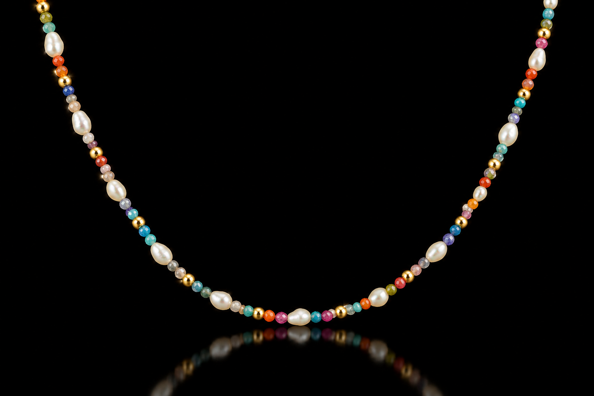 14kt Gold Finished Stainless Steel Freshwater Pearl & Faceted Gemstone Necklace, 16"+2"
