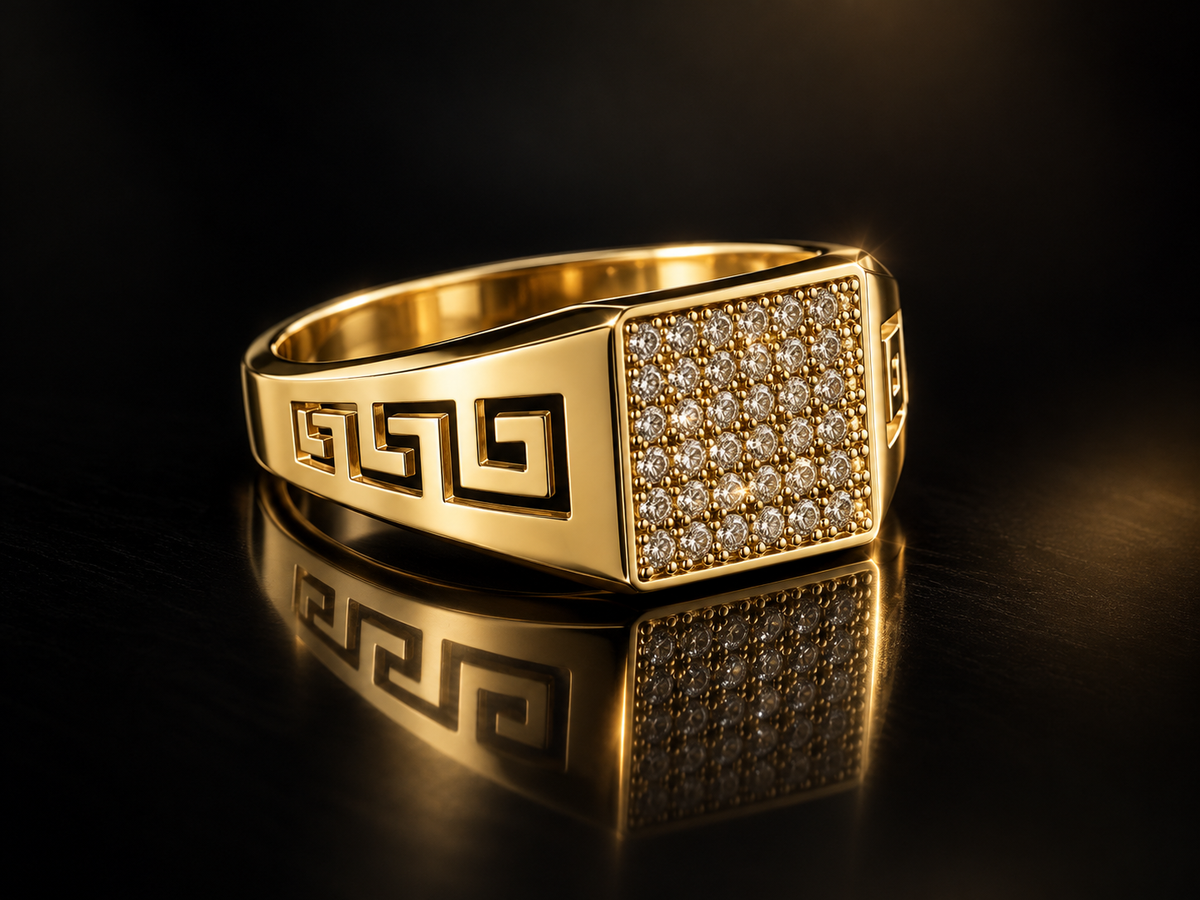 10kt Yellow Gold .33 CTW Diamond Pave Greek Key Men's Ring