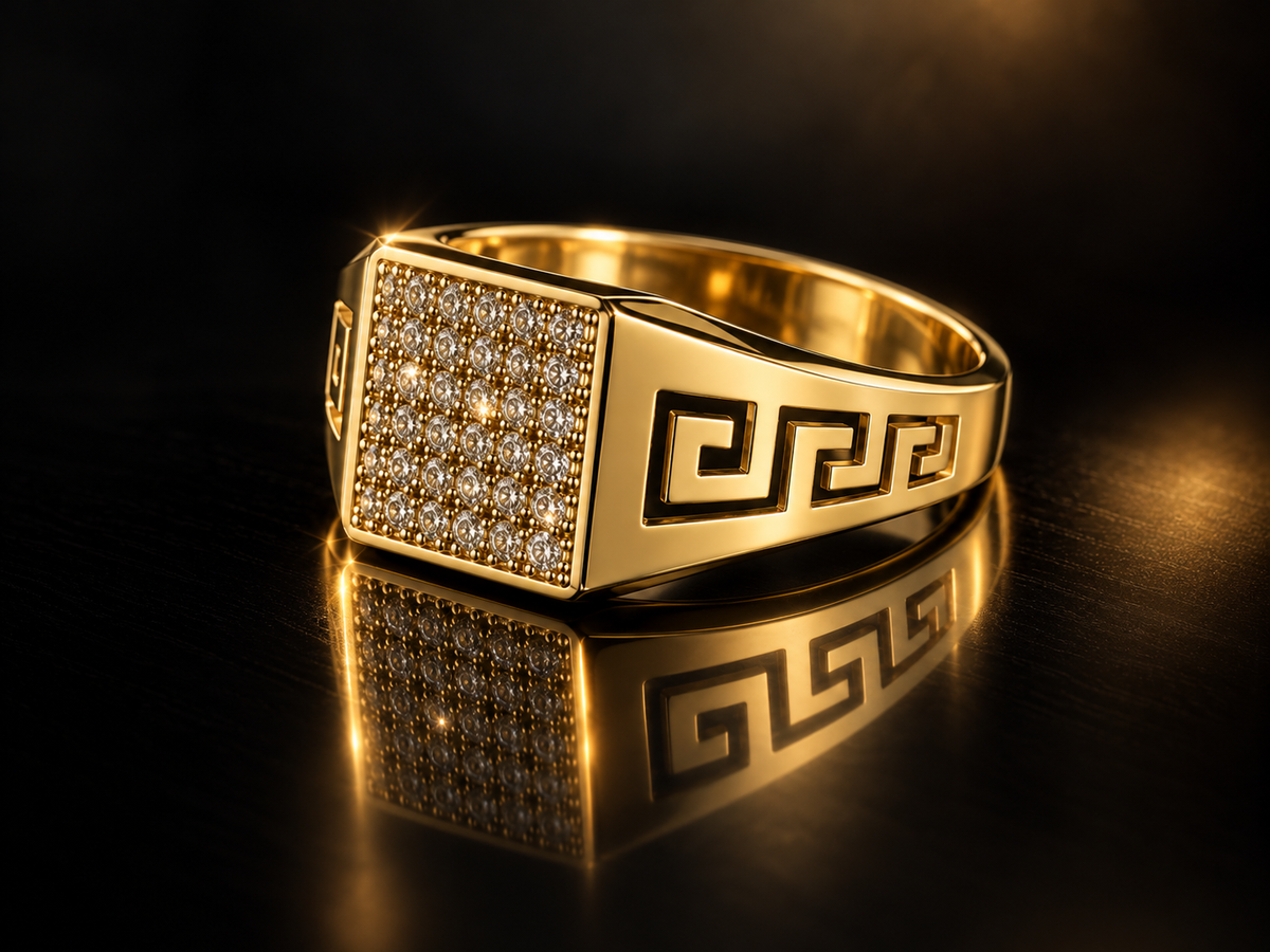 10kt Yellow Gold .33 CTW Diamond Pave Greek Key Men's Ring