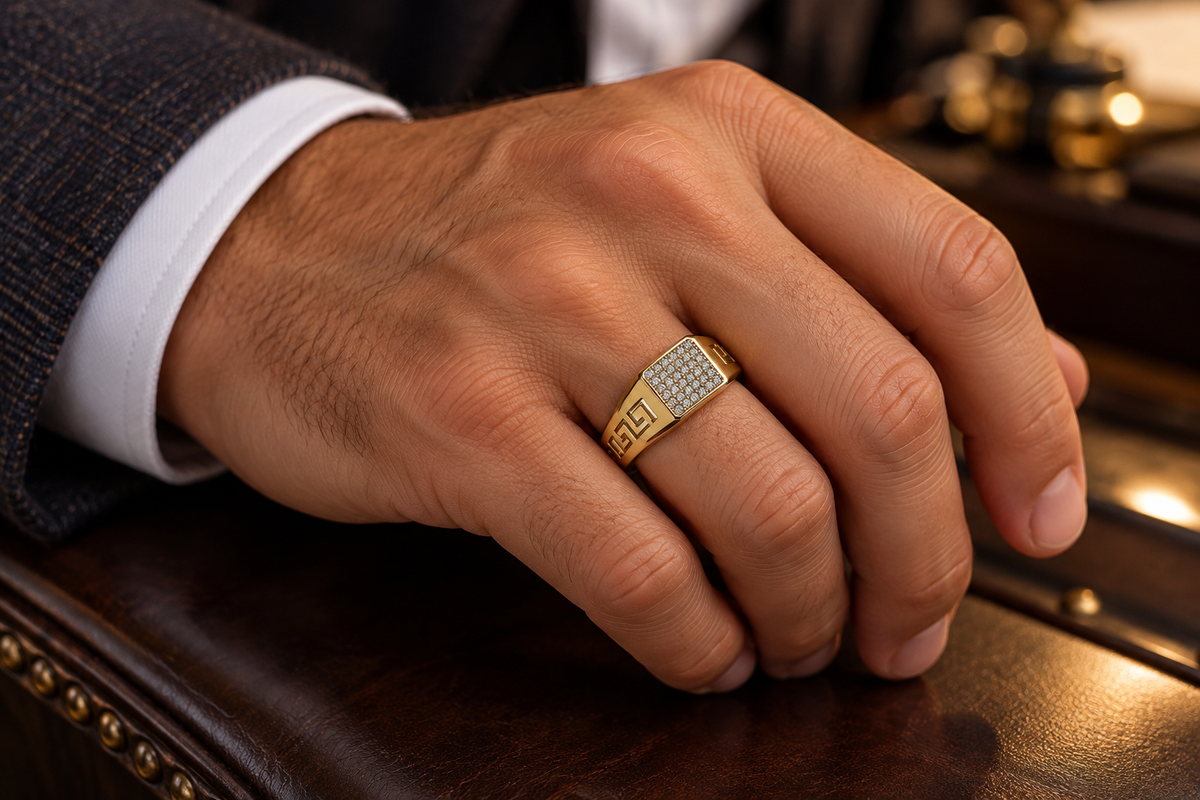 10kt Yellow Gold .33 CTW Diamond Pave Greek Key Men's Ring