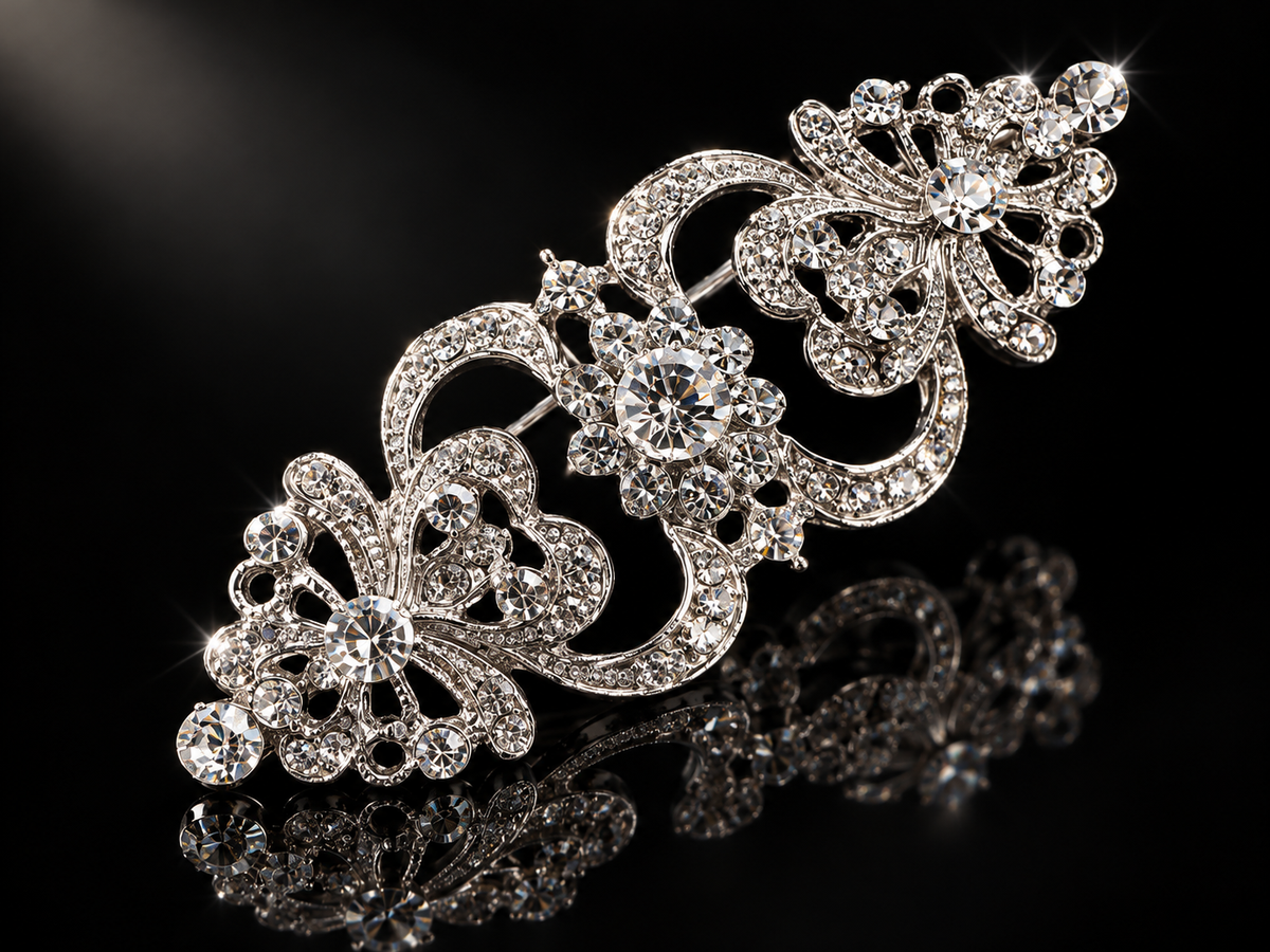 75mm Genuine Pave Crystal Royal Lace Scrollwork Brooch