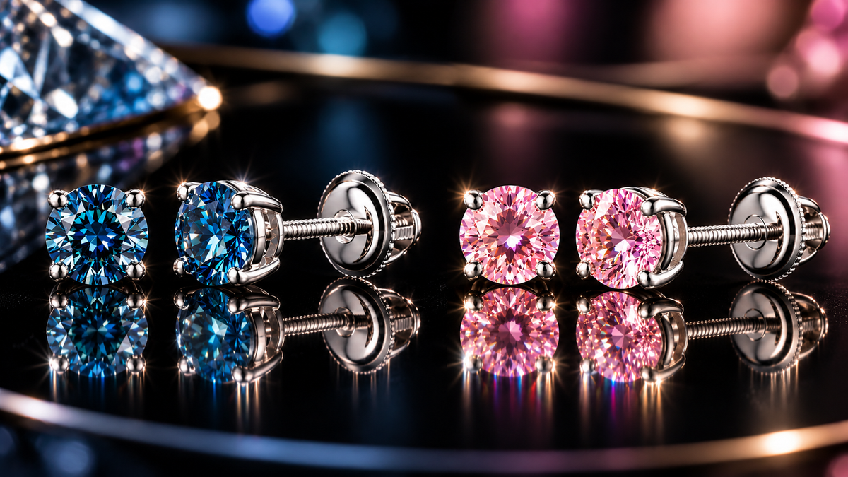 925 Rhodium .60 CTW Genuine Moissanite Screw Back Stud Earrings - Blue or Pink