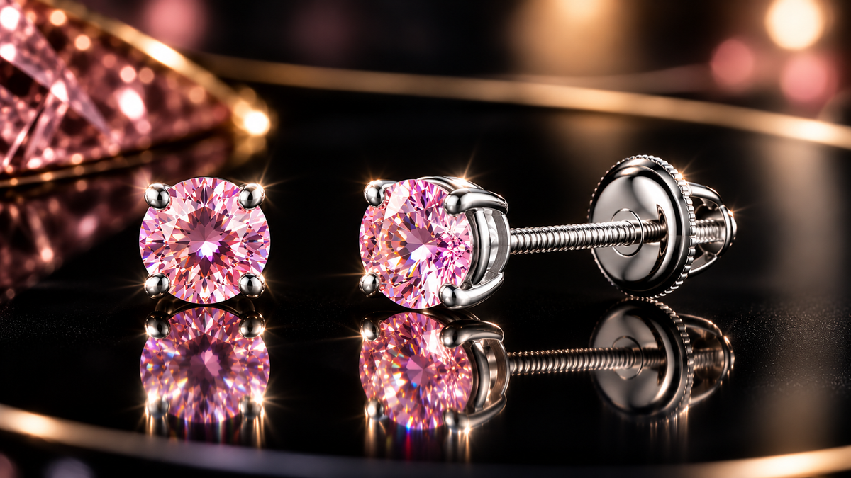 925 Rhodium .60 CTW Genuine Moissanite Screw Back Stud Earrings - Blue or Pink