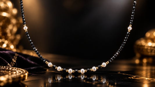 Genuine Black Spinel & Freshwater Pearl Bead Necklace, 16"+2"