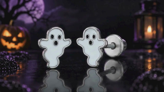 925 Triple Rhodium & Enamel Finished Screw Back Ghost Stud Earrings