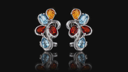 925 Rhodium Sterling Silver Mozambique Garnet, Blue Topaz & Citrine Omega Back Earrings