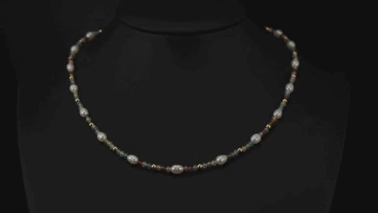 14kt Gold Finished Stainless Steel Freshwater Pearl & Faceted Gemstone Necklace, 16"+2"