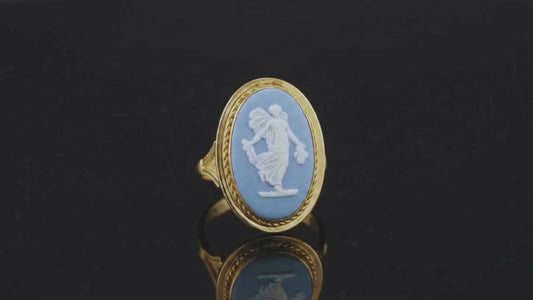 Vintage 14kt Yellow Gold Wedgwood Blue Jasperware Dancing Hours Floral Girl Cameo Ring, Circa 1973