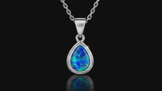 14kt/Rhodium Finished Sterling Silver Pear Shape Opal Pendant & Earring Set