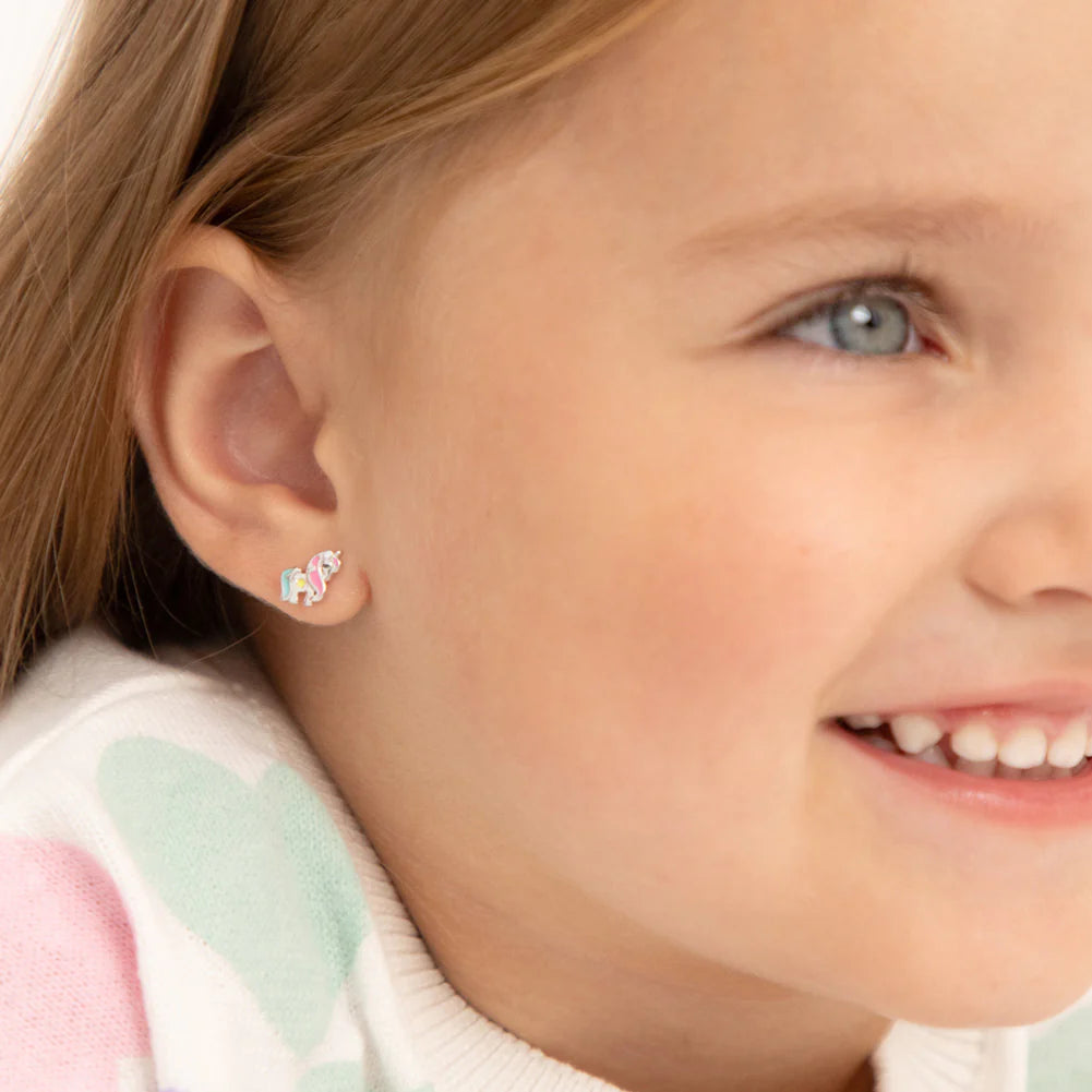 925 Rhodium & Enamel Unicorn Stud Earrings for Kids (Ages 4-15)